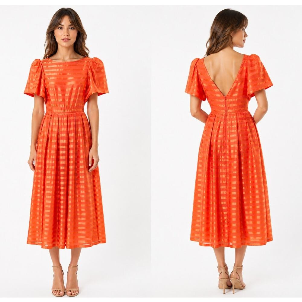 1980s VTG Coral Orange Jacquard Open Back Formal Midi Dress USA Made XS